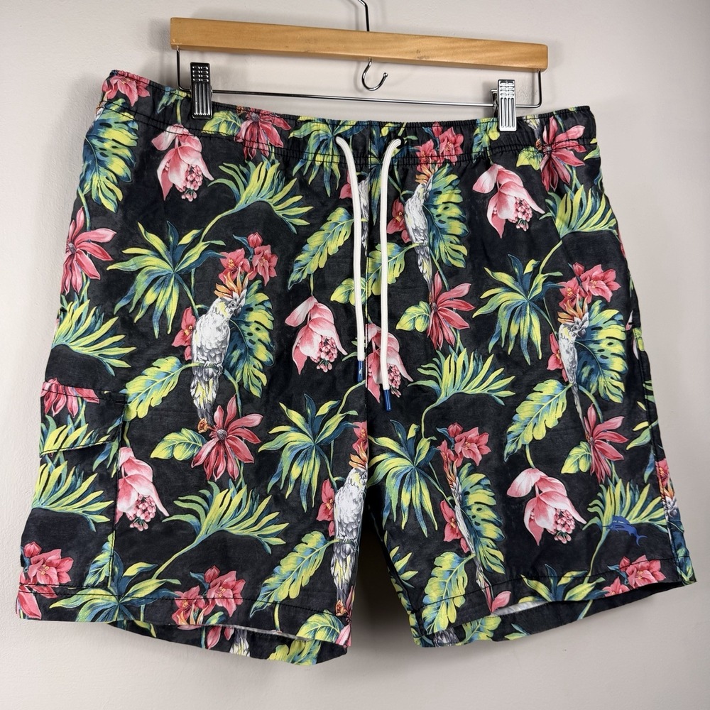 Tommy Bahama Mens XL‎ Black Tropical Floral Swim Trunks Board Shorts Mesh Lined